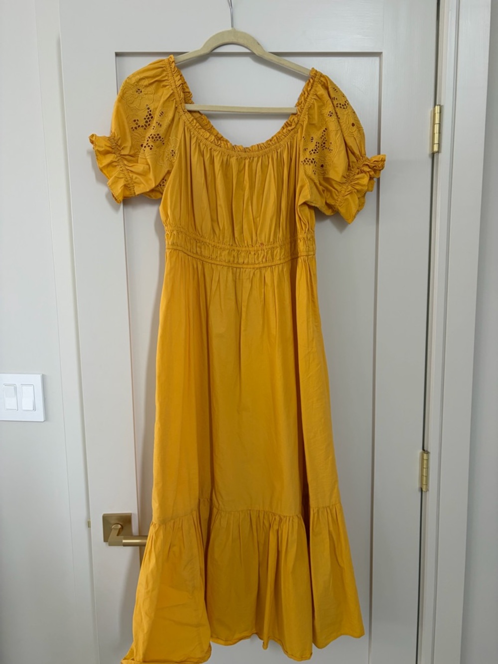 H&M Mustard Yellow Eyelet Puff-Sleeve Maxi Dress